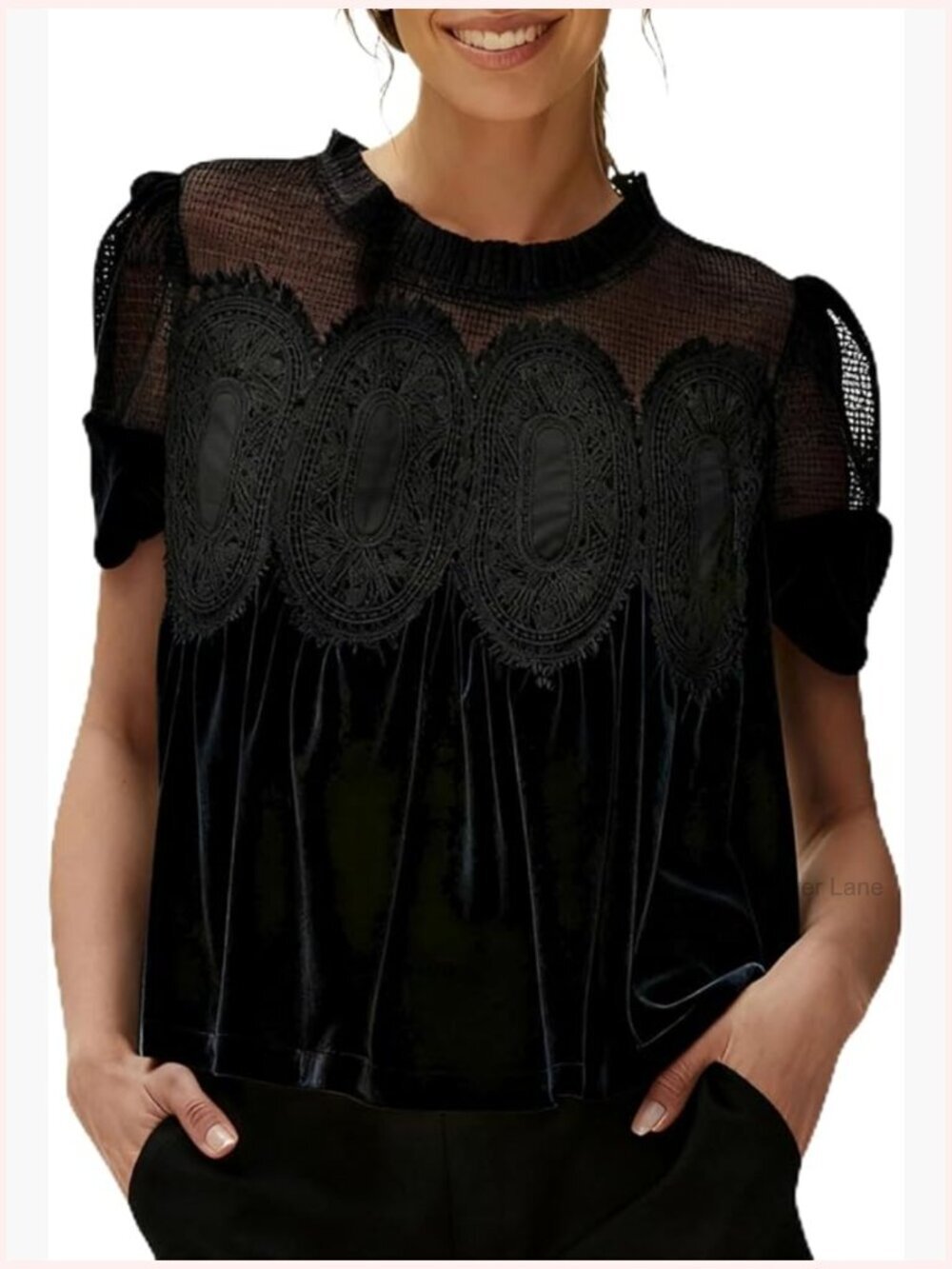 Velvet Scallop Lace Babydoll Top Short Sleeve Crew Neck Flowy Swing Blouse